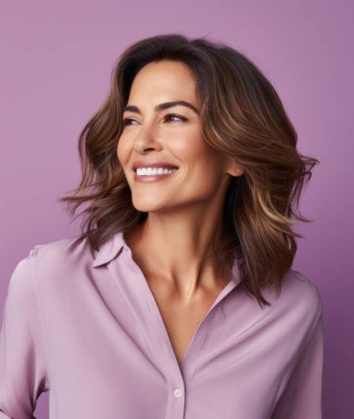 Portrait of smiling, beautiful woman against purple backdrop